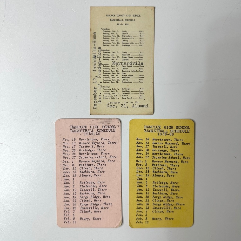Vtg 1957-1958 1959-1960 Hancock County High School TN Basketball Schedule Cards